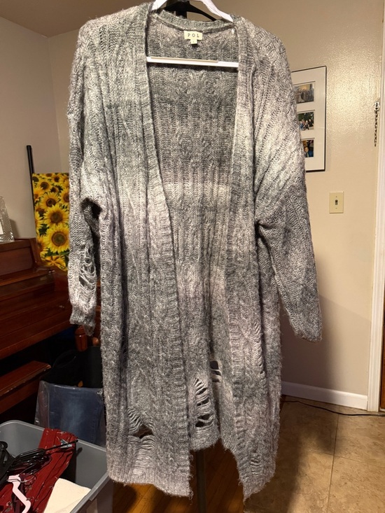 POL Sweaters - POL Distressed Long Open-Front Cardigan in Grey